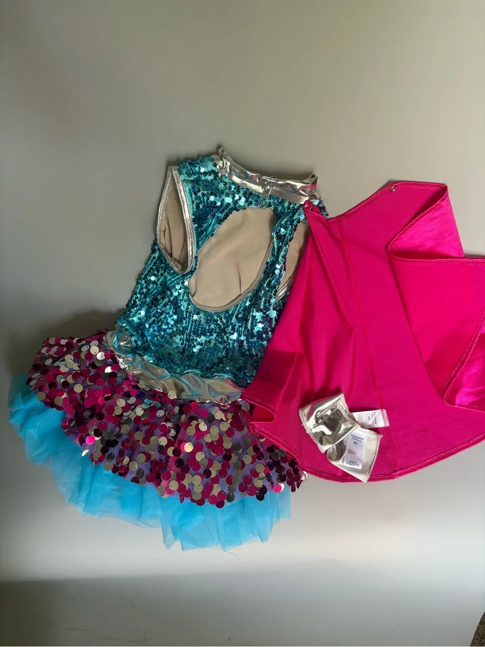 Weissman Teal Sequin Superhero Dress with Hot Pink Cape